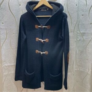 Dex Hooded Toggle Knit Cardigan Mens Large Navy Blue‎ Elbow Patches Good